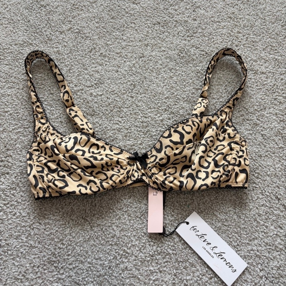 For Love & Lemons Frankie Underwire Bra Womens S DD Leopard Print Satin Lingerie